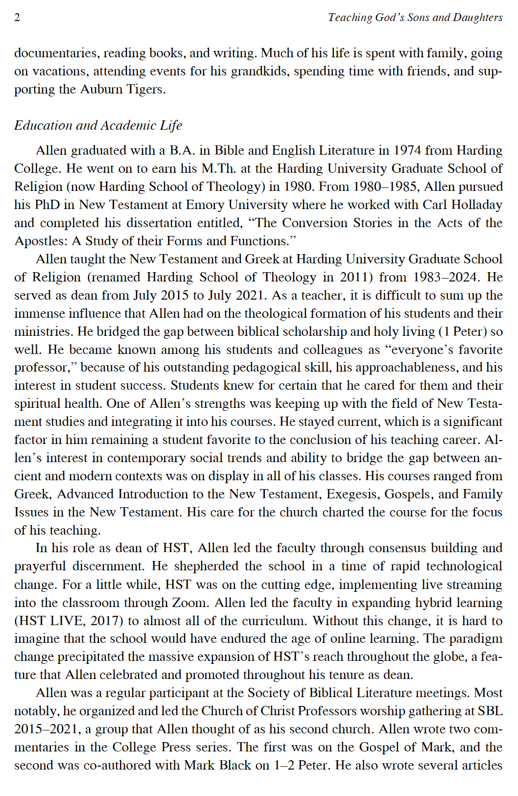 Teaching God's Sons and Daughters: Essays in Honor of Allen Black_Conference Release